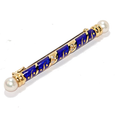 Brosche Fabergé Gold 750 Emaille Diamanten 0,24 Akoya 67,2mm lang Nr.27/200