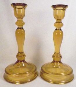 Pair-76-Amber-Candlesticks-U-S-Glass-Depression-Era-Single-Lite-Vintage-1925