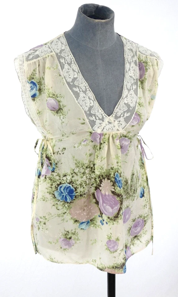 Paul and Joe Blouse Silk Top Floral Lace Trim Lace Up Vintage Beach Size 2 UK 8 — 第 4/4 张图片