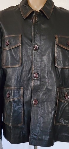 Vtg Grain Leather Echtes Leder Dark Brown Button Full Zip Jacket Mens 3X-Large* - Picture 2 of 16