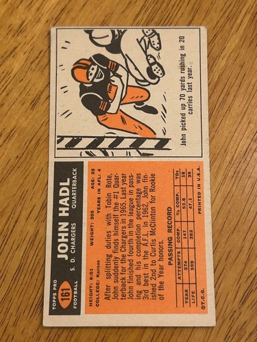 1965 Topps - #161 John Hadl crease free VG-EX @QJ55 - Picture 2 of 2