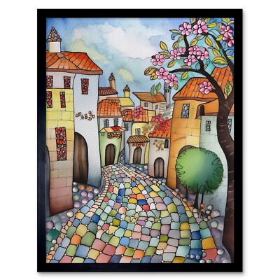 Village Cobbled Street Cherry Blossom Folk Art Framed Wall Art Picture Print 9X7