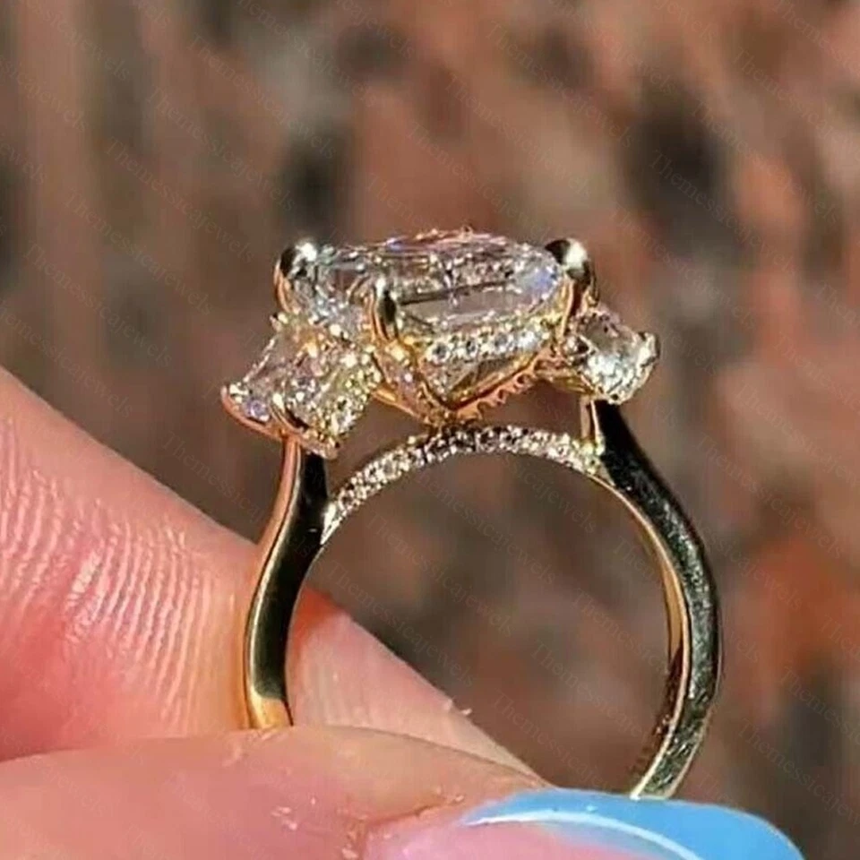 10x8mm Radiant Cut Moissanite Three Stone Engagement Ring 14k Yellow Gold Plated - Image 2 of 4