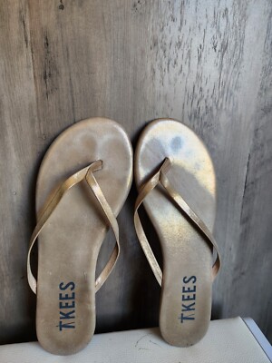 Tkees Glitter Leather Flip Flop Sandals in Gold Gleam Women's Size