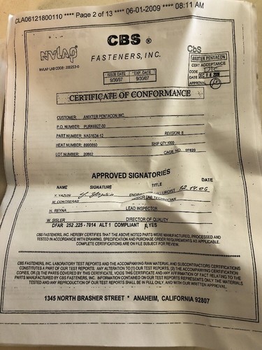 Lot/275 Anixter Pentacon Aircraft Fasteners NAS1634-12 With Certifications - 第 5/12 張圖片