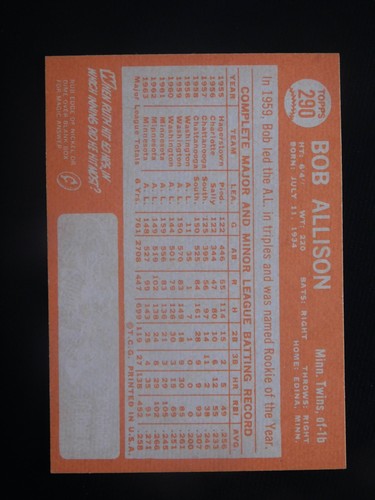 1964 Topps Baseball Card #290 Bob Allison (NM+) - Picture 2 of 2