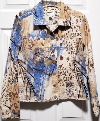 Christopher & Banks Denim JACKET Tan Blue Animal Print Cotton Stretch SMALL  