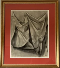 VINTAGE MID CENTURY MODERN ABSTRACT REALISM STILL LIFE DRAPED CLOTH DRAWING 1969