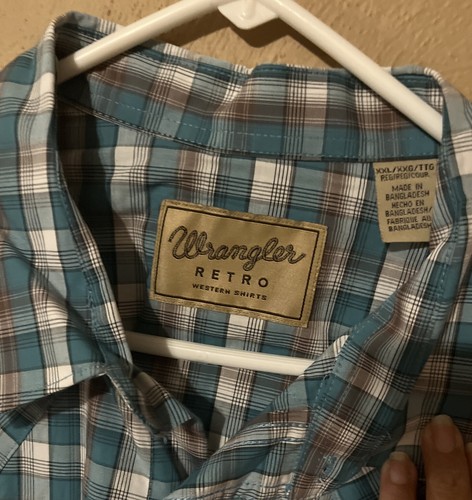 Wrangler Retro Men's Teal, White, Gray Plaid Long Sleeve Western Shirt - Sz XXL - Picture 4 of 8