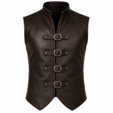 Men's Gothic Steampunk Leather Vest Brown Buckle Waistcoat Medieval Costume
