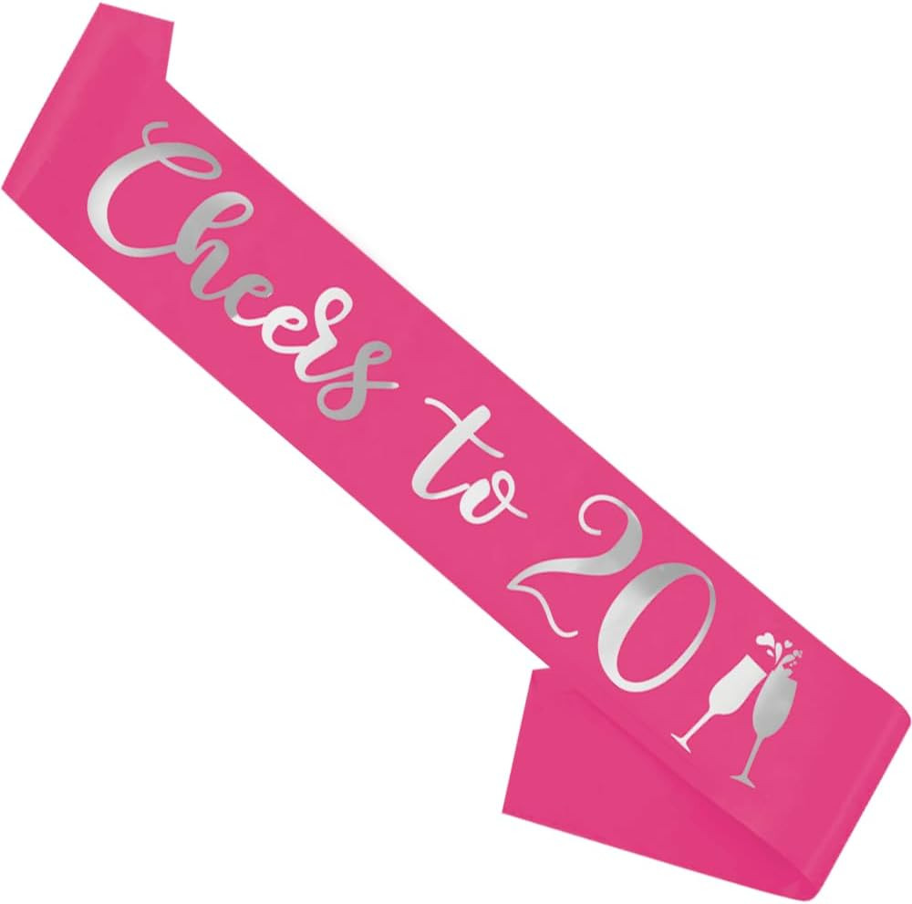 Birthday Sash Pink, 'Cheers to 20' Birthday Sash for Girl Women and Men with Sil