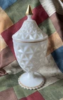 Vintage Unmarked Milk Glass Footed Candy Dish w/Lid Gold Trim 10.5”