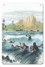Native Hawaiians Wave Riding - Surf Swimming in Hawaii - Color Engraving 1866
