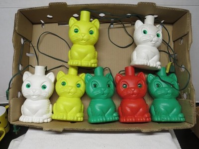 Vintage 7 Blow Mold Plastic Kitty Cat Patio Camping Party Tiki Deck Light String