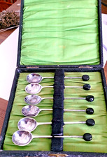Antique early cased set Coffee bean spoons green silk lined case black beans