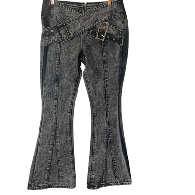 Prettylittlething Jeans Womens 4 Small Black Acid Washed Denim Belted Flare New 