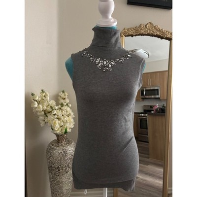 BCBGMAXAZRIA Gray Sleeveless Turtleneck Crystal Embellished Knit Sweater Small