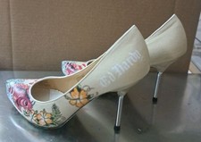 Vintage Ed Hardy Koi Fish Canvas Stilletto Pumps METAL HEEL, Never Worn NO BOX