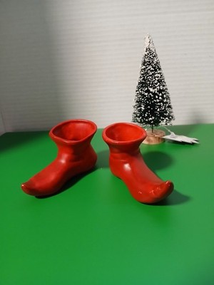 Red Elf Pixie Boots Pointed Toe Ceramic Figurines Christmas Decoration Set of 2