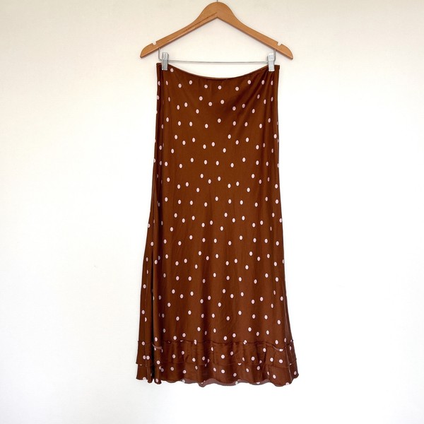 Lee Mathews Talulah Satin Ruffle Skirt Size 4 Brown Polka Dot Silk Bias Cut Slip