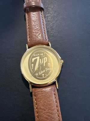 7 Up Promotional Collectible Gold Tone And Brown Leather Watch - Working