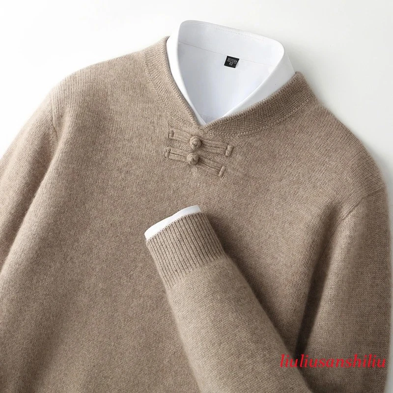 Men 100% Wool Sweater Long Sleeves Stand-up Collar Pullover Clothing Leisure Top