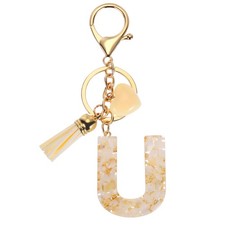 Alphabet Initial Letter Keychain Cute Charm with Tassel Heart Letter U, Beige