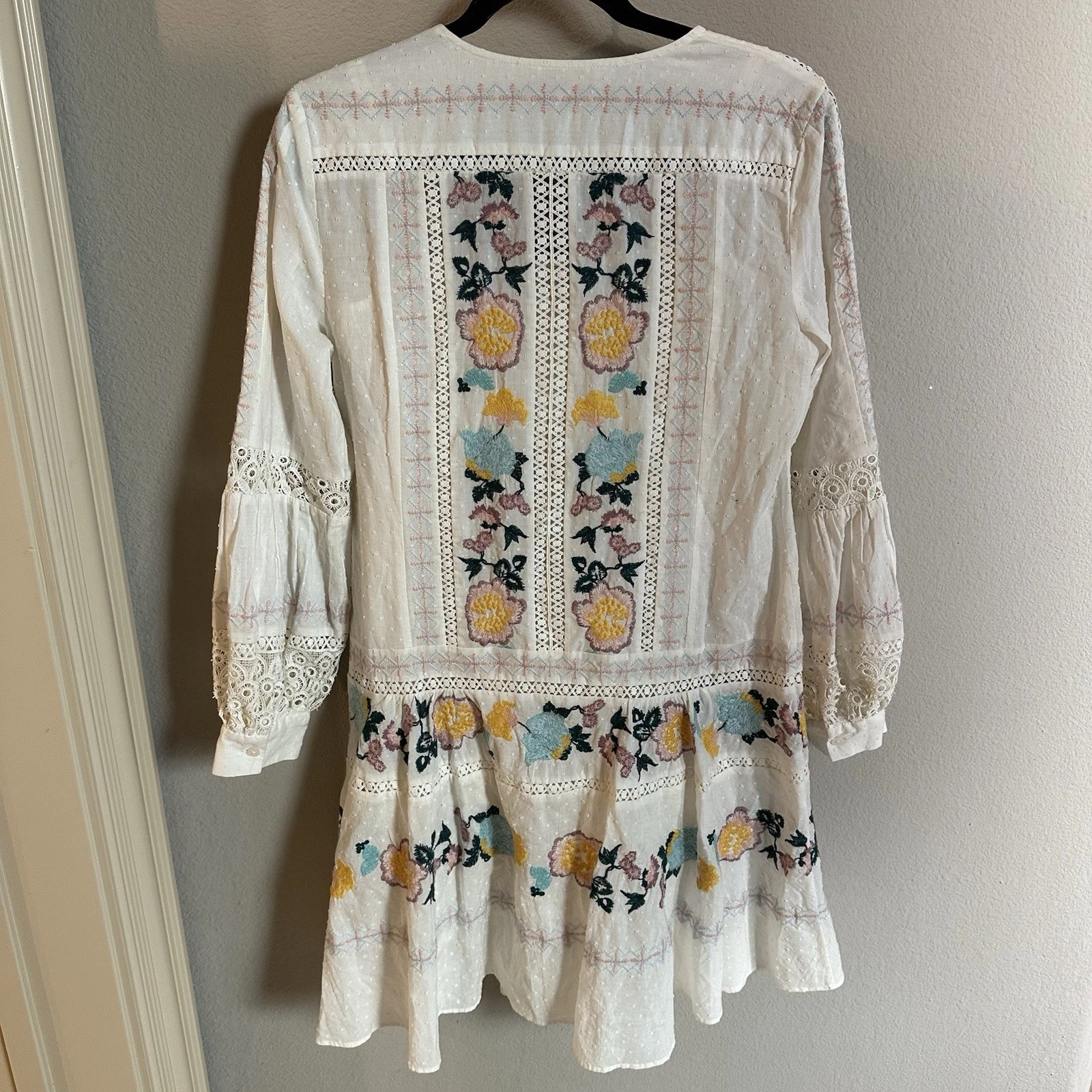 Tory Burch mini abito tunica hippie boho ricamato all'uncinetto donna taglia small