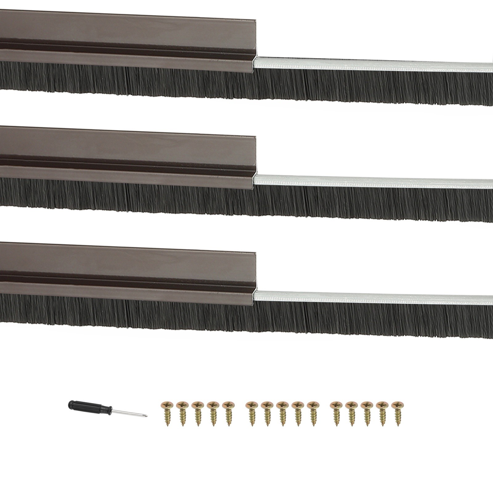 Door Brush Sweeps 0.59" x 39.37", 3 Sets Door Bottom Sweep, Brown/Black