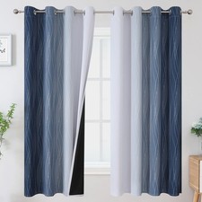 Full Room Darkening Greyish White and Navy Blue Blackout Curtains 63 Inch Len...