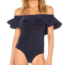 Misa Los Angeles Navy Blue Lyda Stretch Crepe Ruffle Bodysuit Size Large
