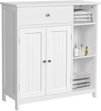 Mobile Da Bagno Autoportante in Legno Bianco Con 2 Ante 1 Cassetto E 3 Ripiani E