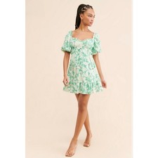 Minkpink Felicia Light Green and White Floral Mini Dress Puff Sleeve Size M