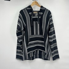Senor Lopez Baja Hoodie Mens L Black Gray Striped Mexican Drug Rug Pullover