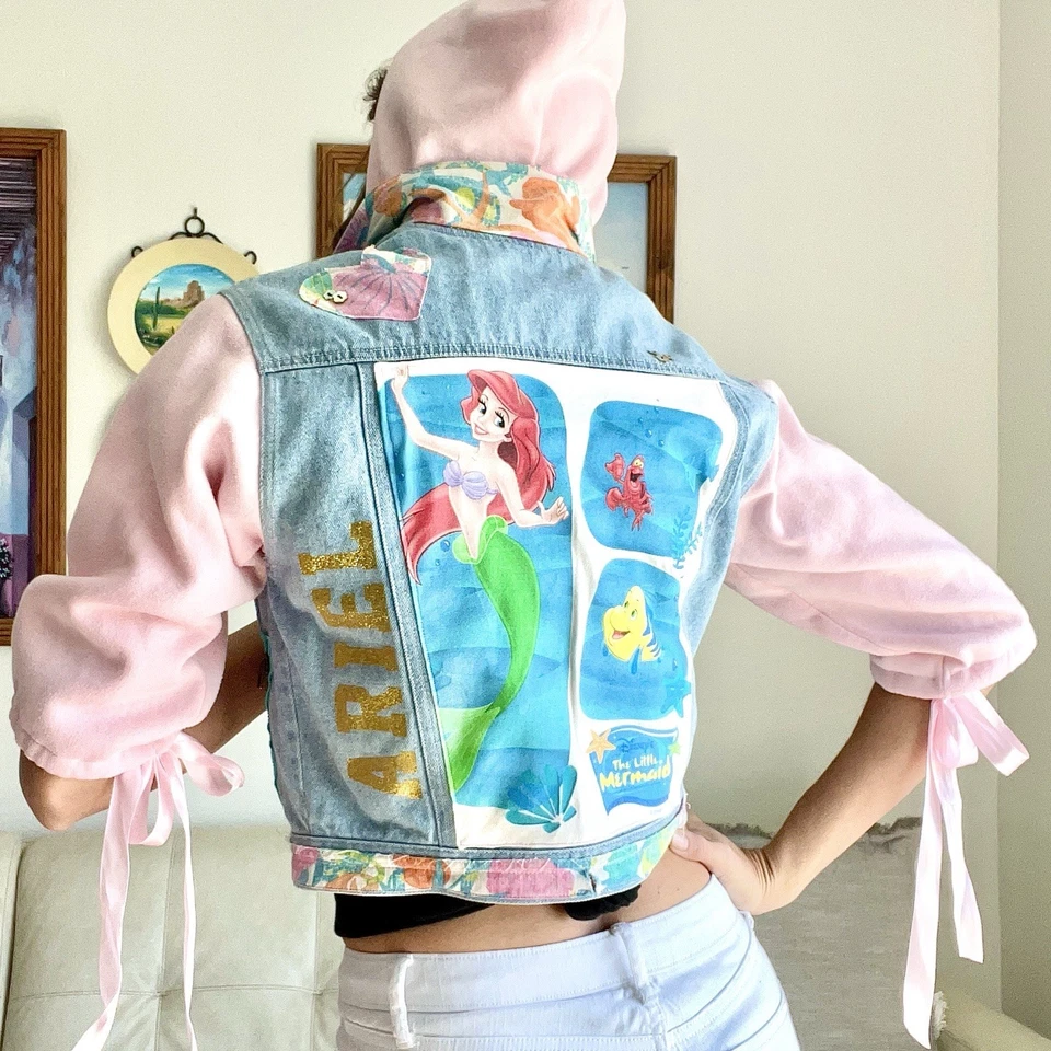 OOAK Demin Jacket Handmade Patchwork Design Lace Vintage Ariel Graphic Girls L - Image 3 of 4