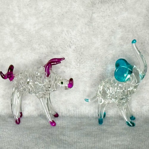 Statuine vintage vetro trasparente soffiato filato a mano 2,5” elefante blu acqua 2” maiale rosa - Foto 3 di 7