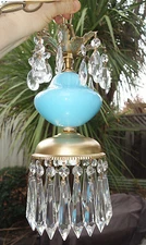 Lot of 3 Lamp Brass tole chandelier SWAG Vintage Blue glass Brass tole