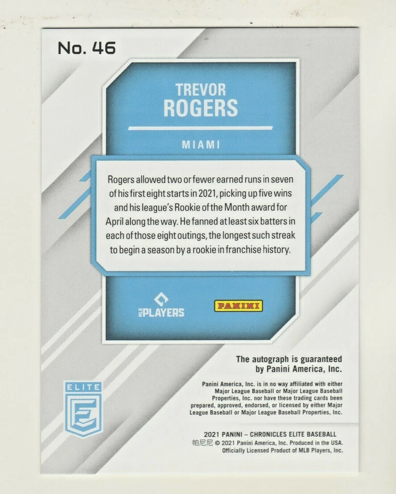 2021 Panini Chronicles ELITE AUTOGRAPH #46 TREVOR ROGERS RC Rookie AUTO Marlins - Image 2 of 2