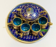 Cloisonne Enamel Vintage Chinese Teapot Tea Cup Brass Miniature Teaset 7 pc Lot