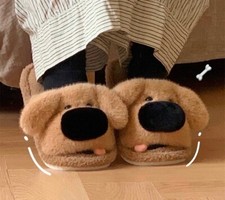 Dog Open Toes Indoor Slippers for Women   Cute and Fuzzy, Brown, Sizes 7-7.5