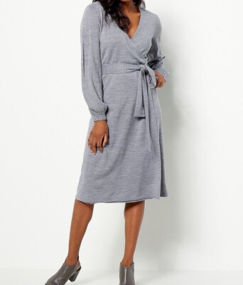 3091 Girl With Curves Ribbed Faux Wrap Sweater Dress Heather Grey sz XXS 