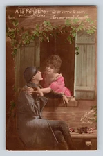 Postcard RPPC Real Photo Pretty Lady & Soldier Farewell Goodbye Window War c1910