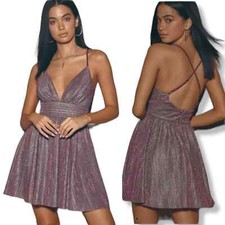 Lulus Stop the Show Glitter Skater Dress Women Small Cross Back Burgundy Prom