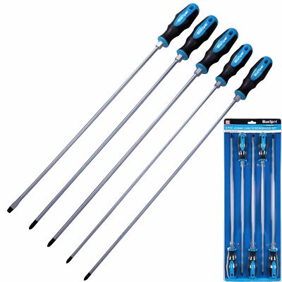 BlueSpot 5-teiliges extra langes Schraubendreher-Set Kreuzschlitz flache magnetische Spitze 450 mm