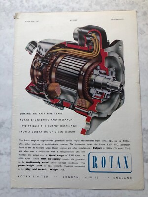 1947 Flugzeug Werbung ROTAX LTD MOTORBETRIEBENE GENERATOREN TECHNISCHE FORSCHUNG