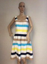NINE WEST Women's Striped Fit & Flare White Blue Yellow Tan Sundress Size 8