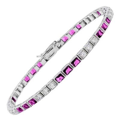 18K White Gold Natural Square Ruby and Diamond Art Deco Style Tennis Bracelet