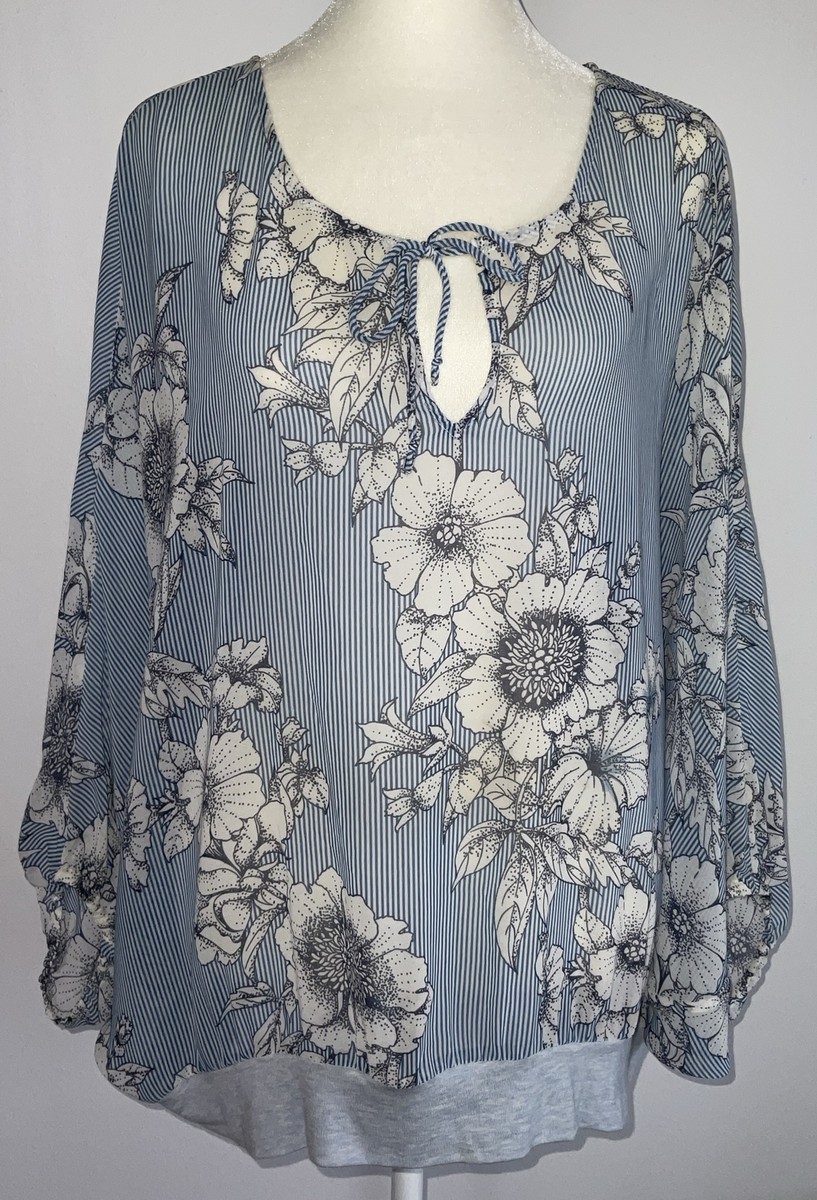 CAbi #5387 Sirena Dolman Sleeve Floral Striped Sheer Blouse Size M 