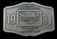UNIQUE VINTAGE 1981 STAUFFER CHEMICALS EMERGENCY DISASTER TEAM BELT BUCKLE