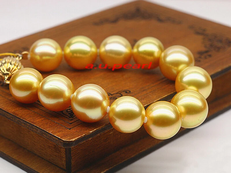 AAAAA 7.5"12-13mm Natural real round south sea golden pearl bracelet 14K GOLD - Image 3 of 4
